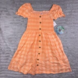 Women's Dress XS Orange‎ Plaid Button Down Smocked Midi Knee Length Summer Dress